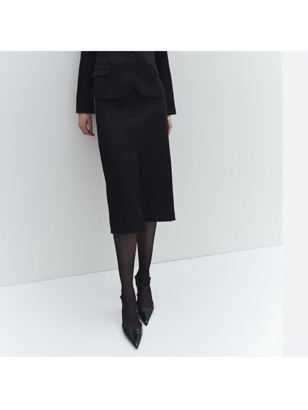 H&M satin Black Knee-Length A-Line pencil Skirt structured darts back zip sz 12
